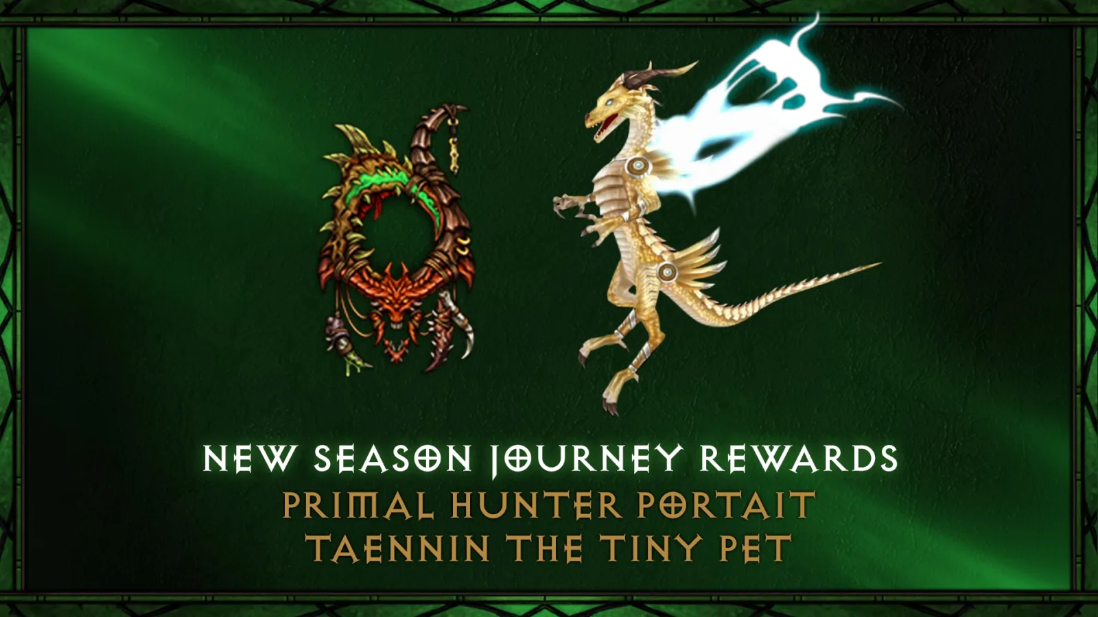 New Season Journey rewards: the 'Primal Hunter' portrait and the pet Taennin the Tiny